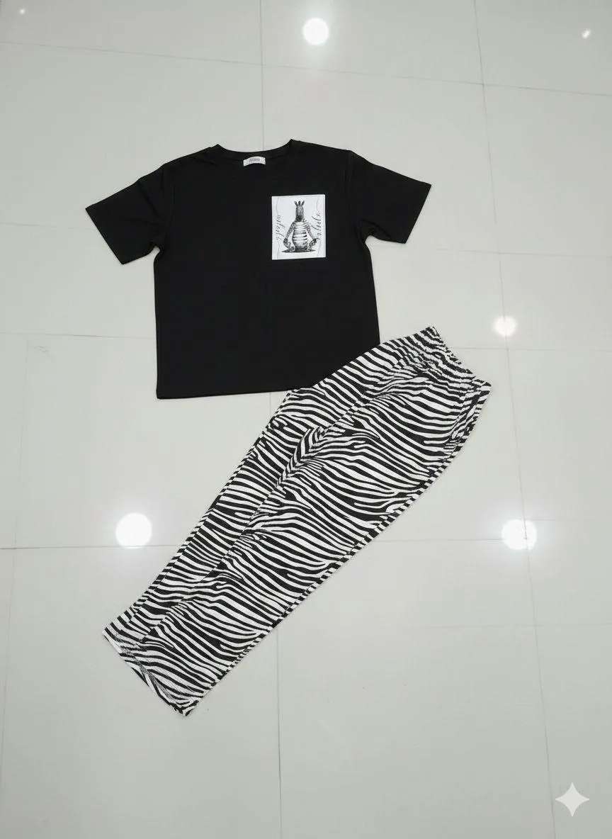 Women Printed Night Suit Black Zebra Print Medium to XL