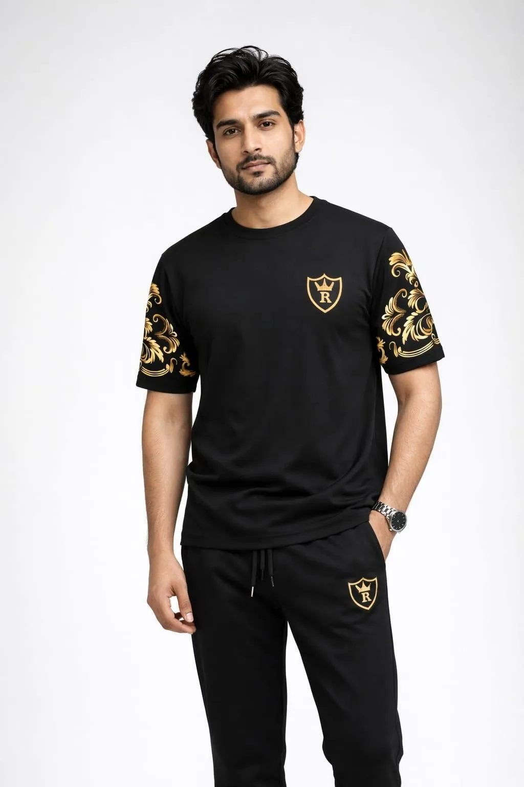 Men Rich Man Royal Black Gold Track Suit Set