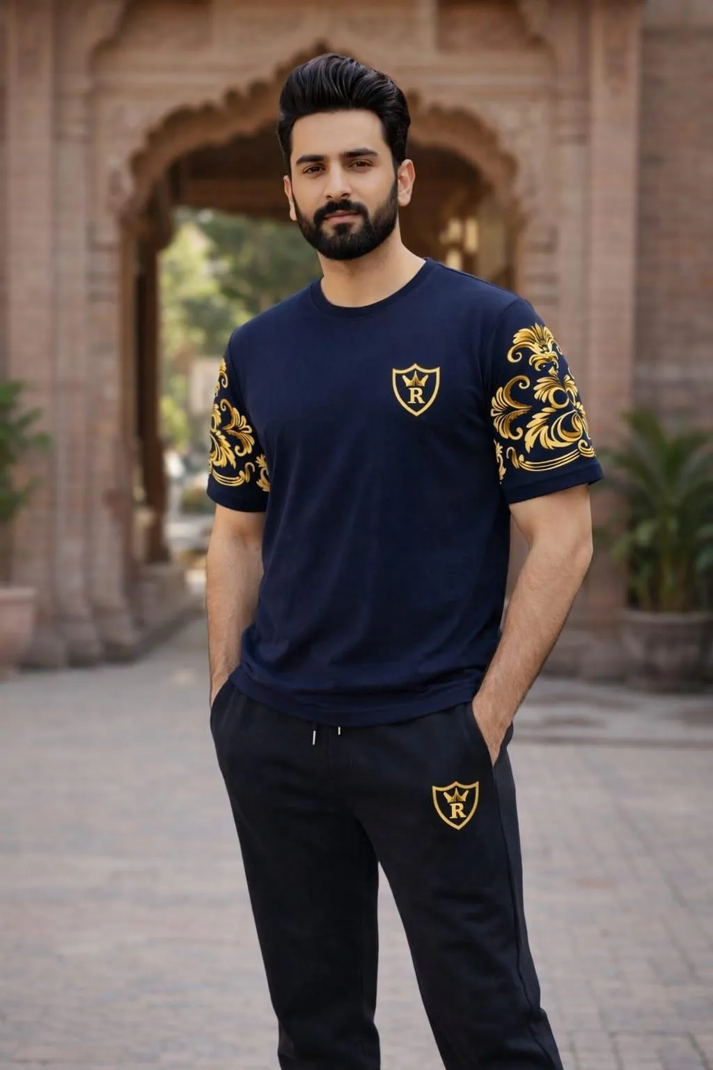 Men RichMan Royal Blue Cotton Tracksuit with Gold Sleeves