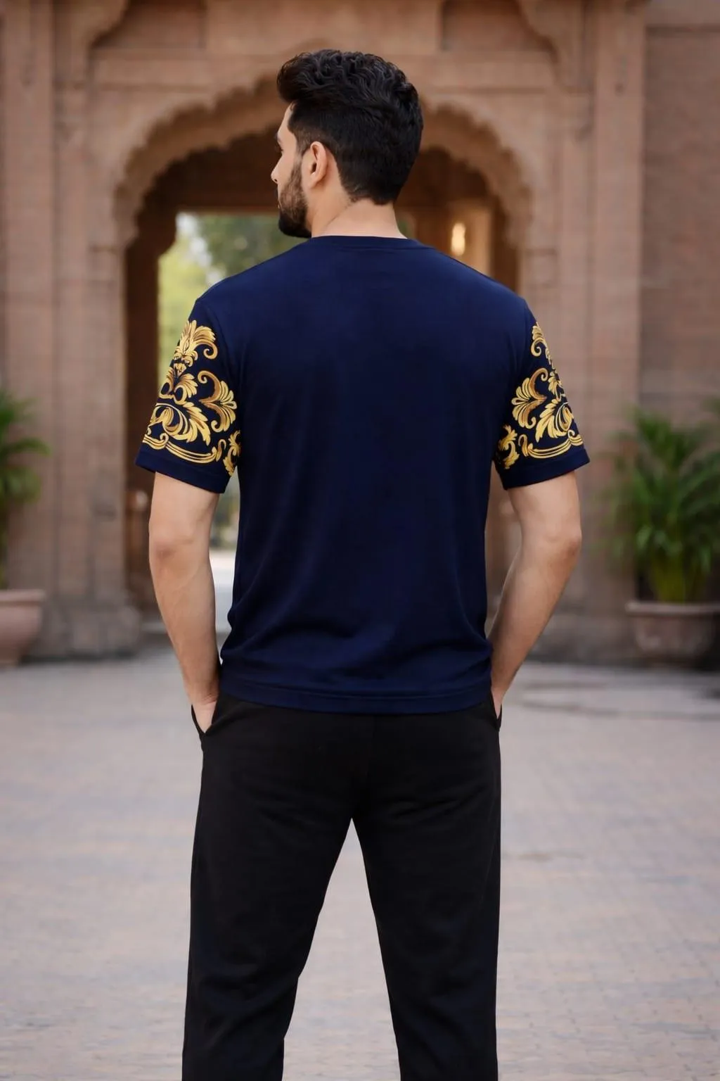 Men RichMan Royal Blue Cotton Tracksuit with Gold Sleeves