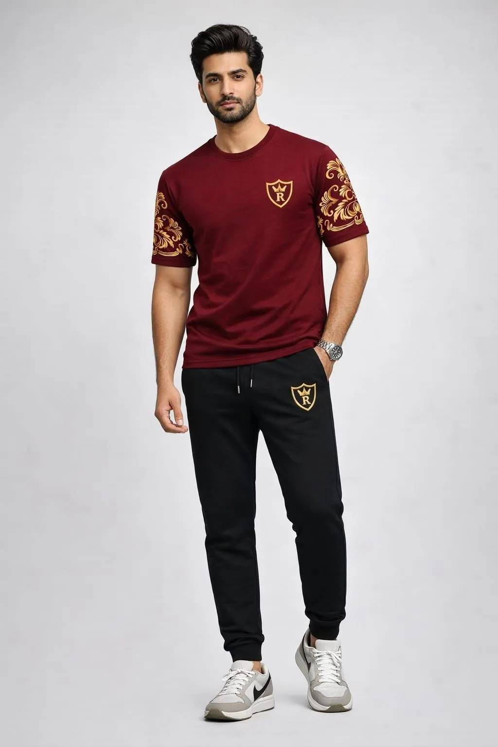 Men Maroon Richman Royal Printed Track Suit Cotton Summer Set