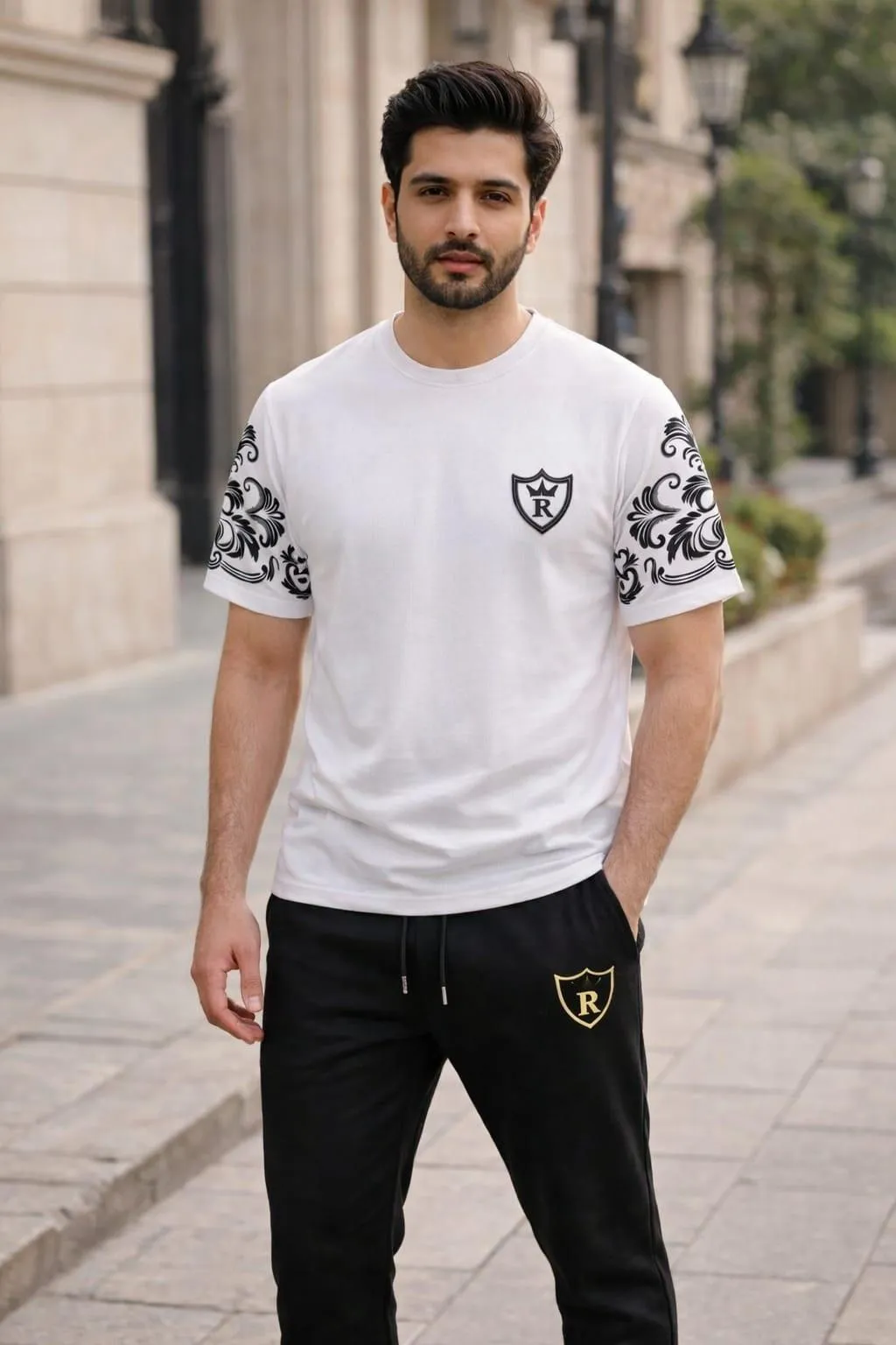 Royal Summer Tracksuit Set White Black Cotton with Crest Logo