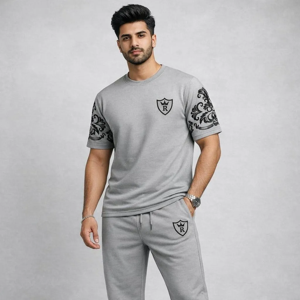 Men Grey Printed Sleeve Track Suit Set Summer Cotton Slim Fit