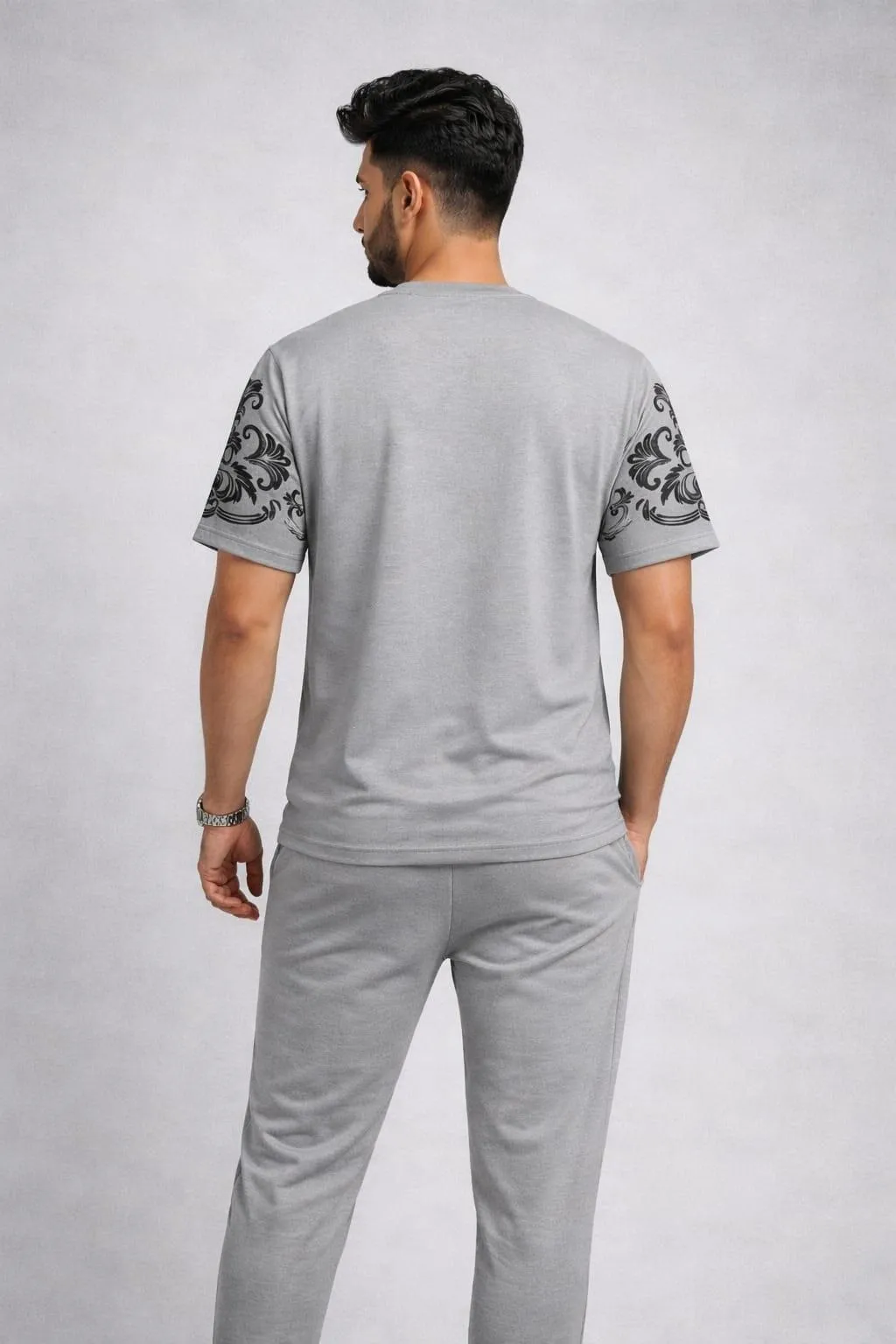 Men Grey Printed Sleeve Track Suit Set Summer Cotton Slim Fit