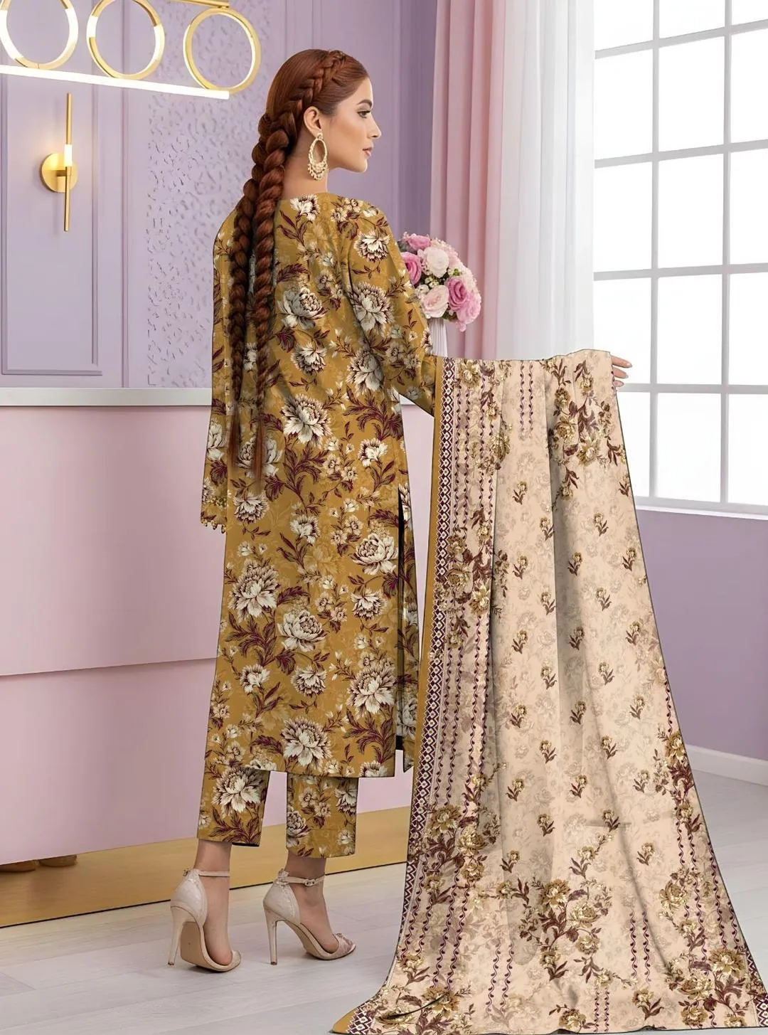 Golden Floral Printed 3-Piece Lawn Suit for Women