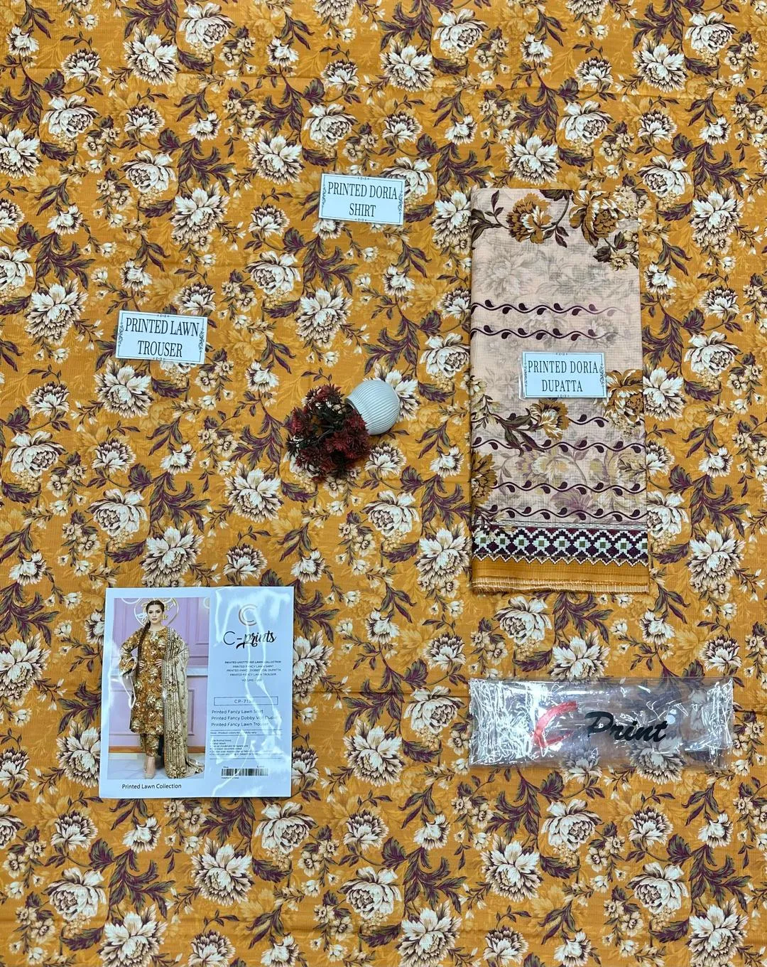 Golden Floral Printed 3-Piece Lawn Suit for Women