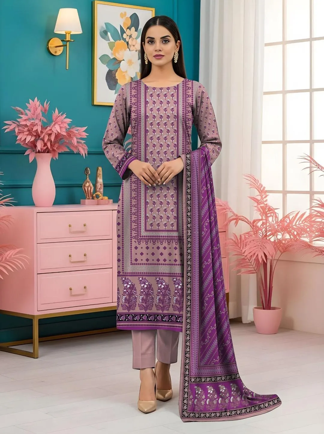 Purple Printed 3-Piece Unstitched Lawn Suit for Women