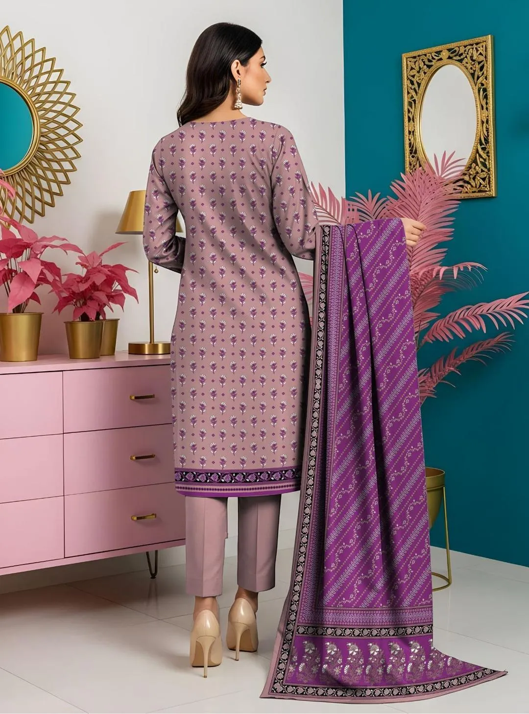 Purple Printed 3-Piece Unstitched Lawn Suit for Women
