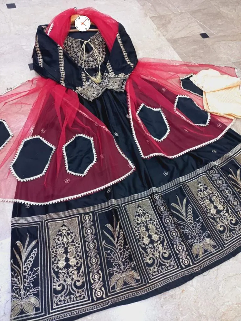 Black Embroidered 3Pcs Maxi Suit with Pink Dupatta