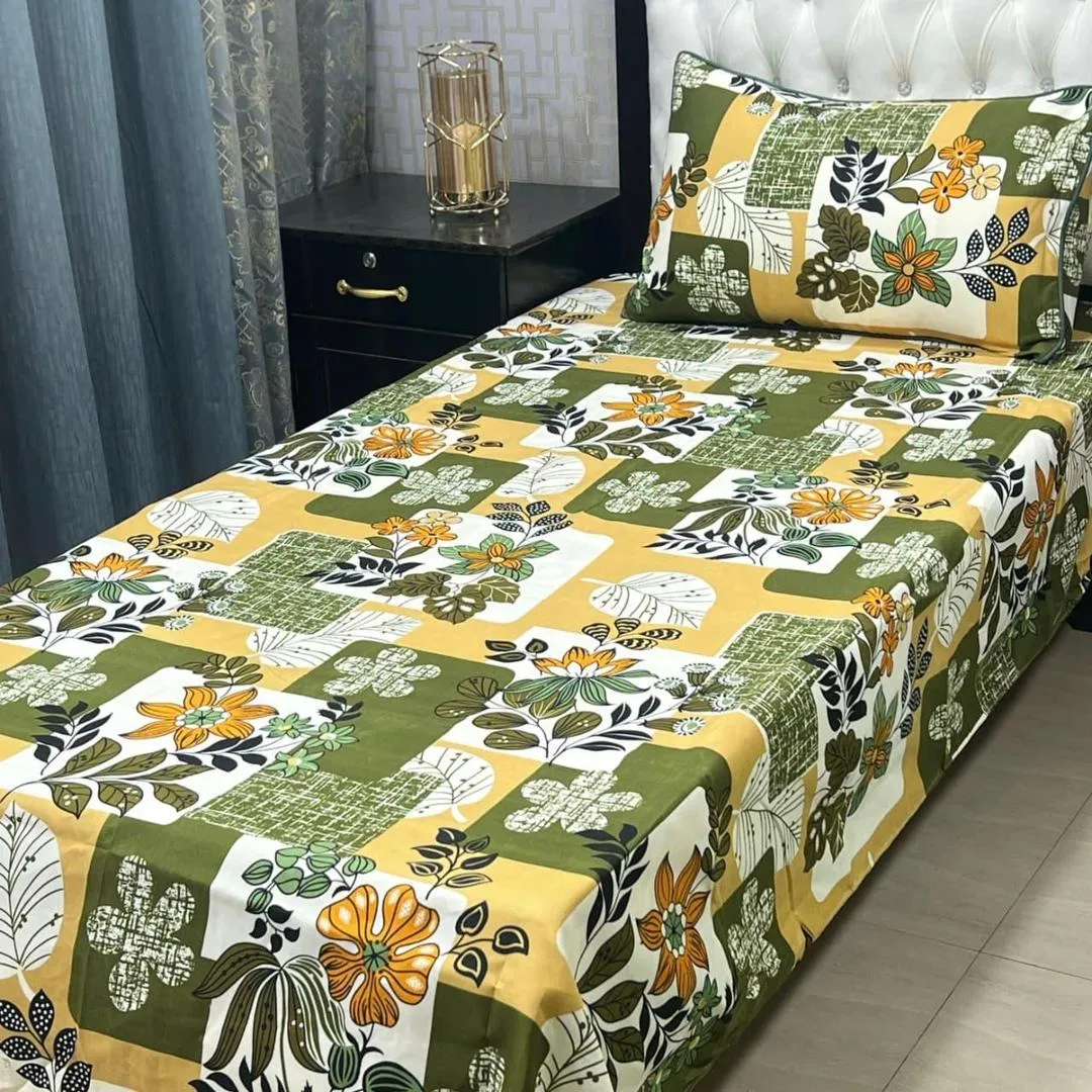 Single Bed Floral Printed Bedsheet Set Green Yellow