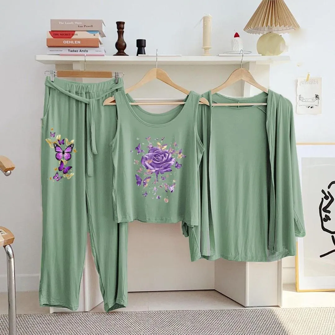 Green Printed 3-Piece Night Suit for Women