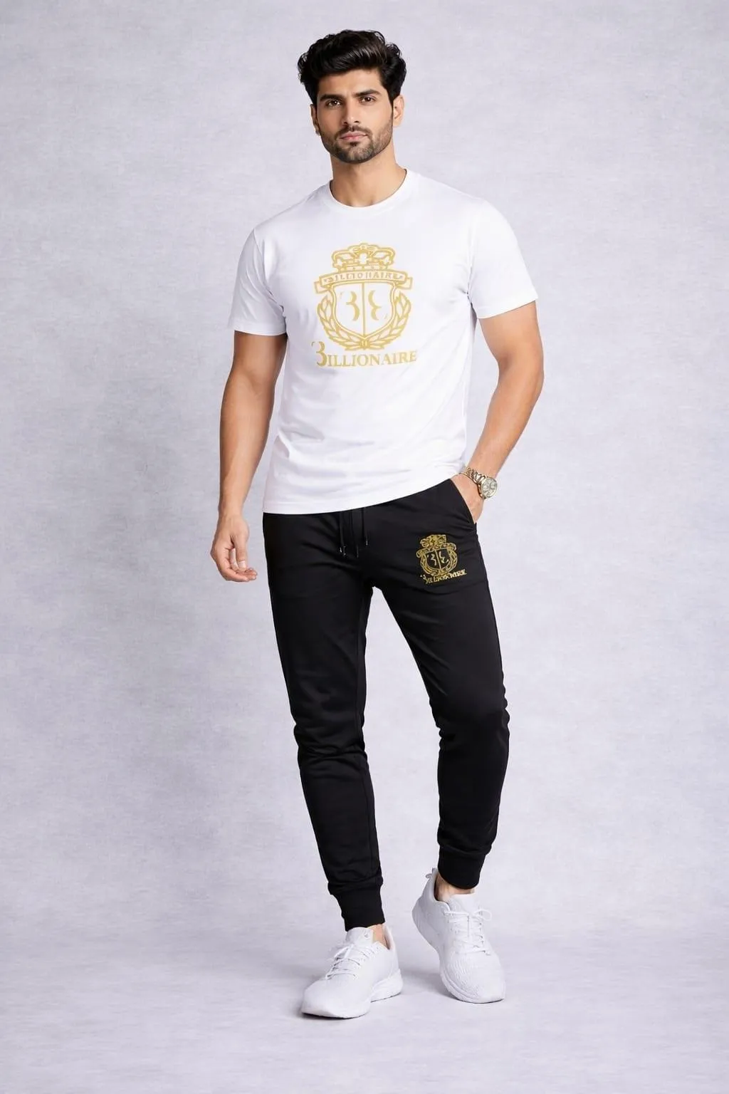 Men White Gold Crest Track Suit 2Pcs Cotton Black Joggers
