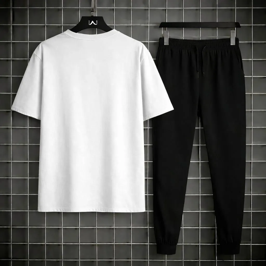 Men White Gold Crest Track Suit 2Pcs Cotton Black Joggers