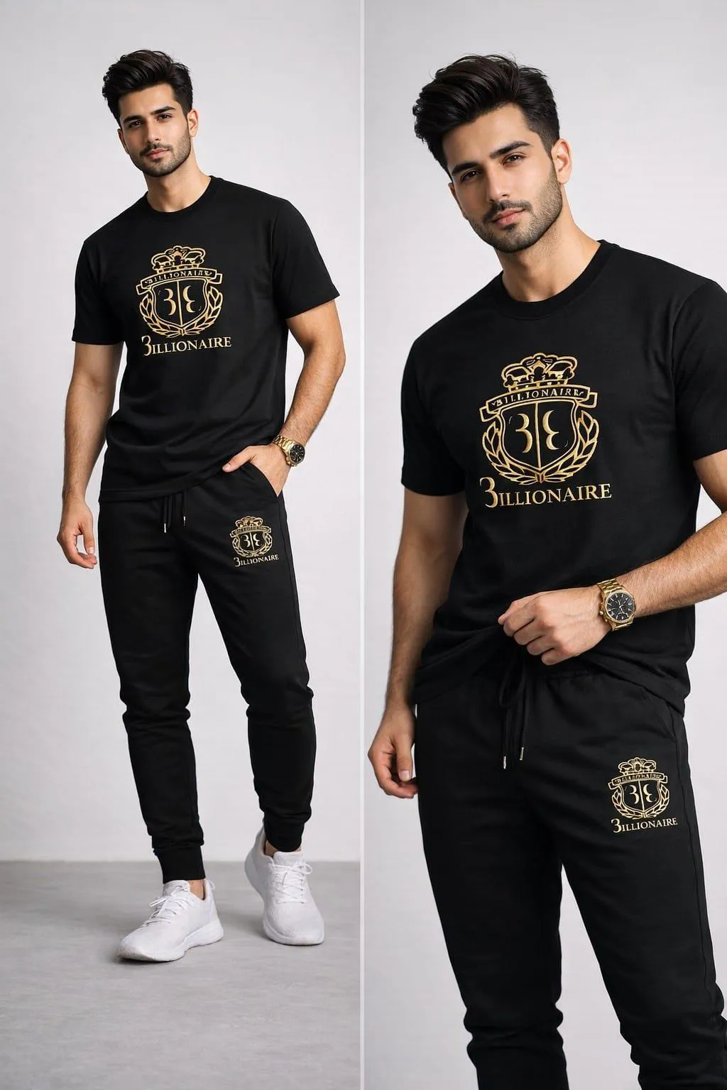 Men Black Billionaire Crest Track Suit 2Pcs Cotton Slim Fit