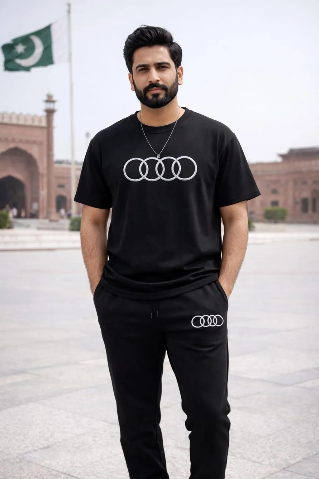 Audi Logo Track Suit Black Slim Fit 2-Piece Set for Men