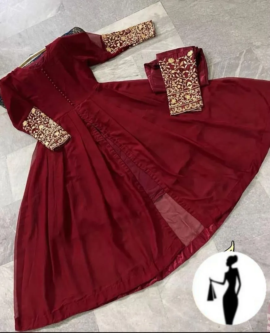 Maroon Chiffon Maxi & Trouser Set with Golden Embroidery