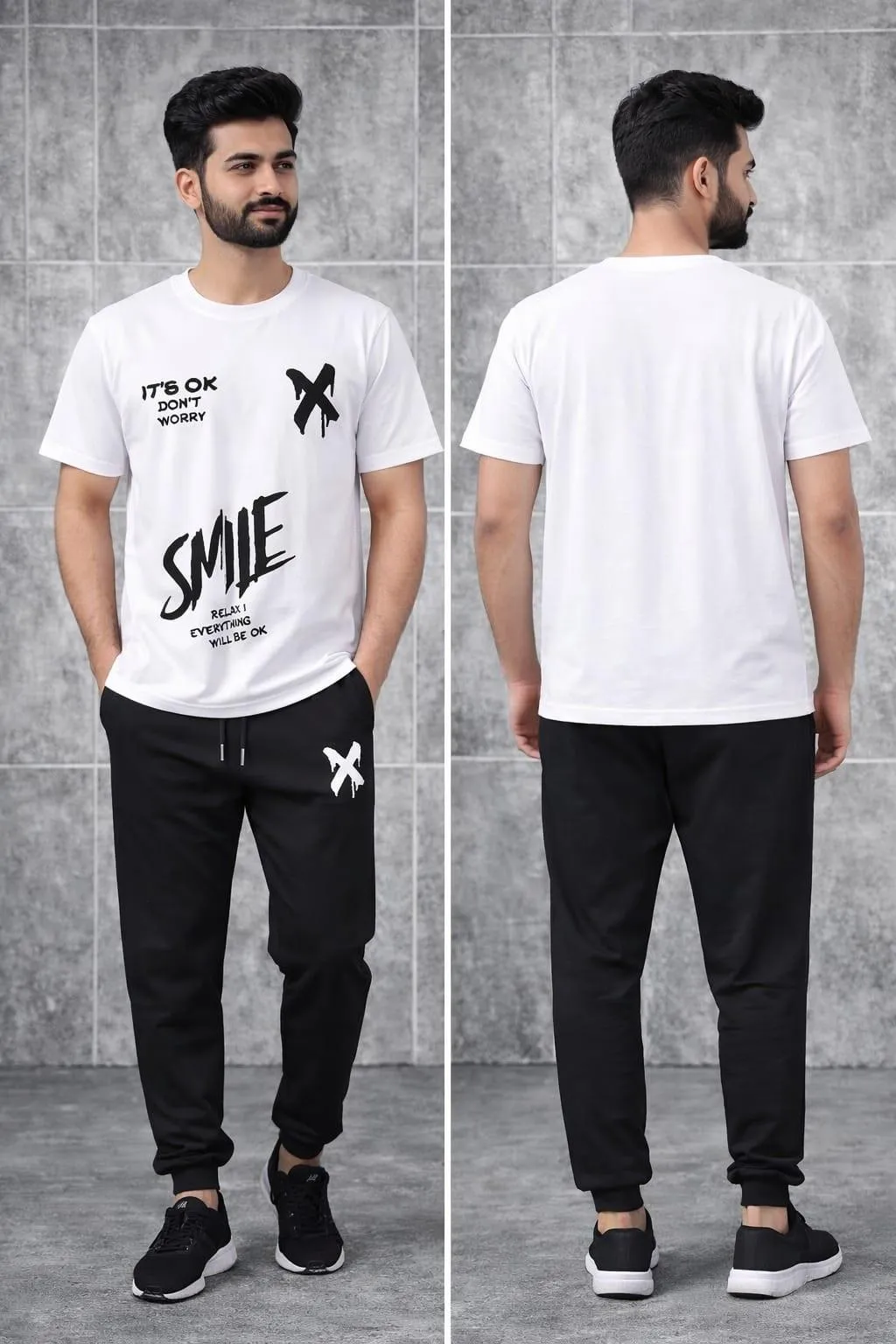 Men Printed Graphic Track Suit White Black Cotton 2Pcs Set