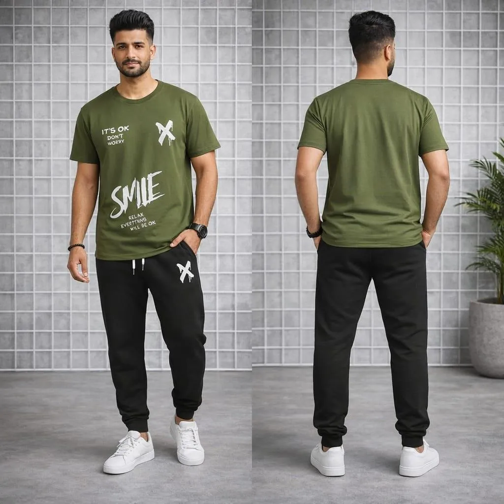 Men Cotton Graphic Track Suit Olive Black 2Pcs