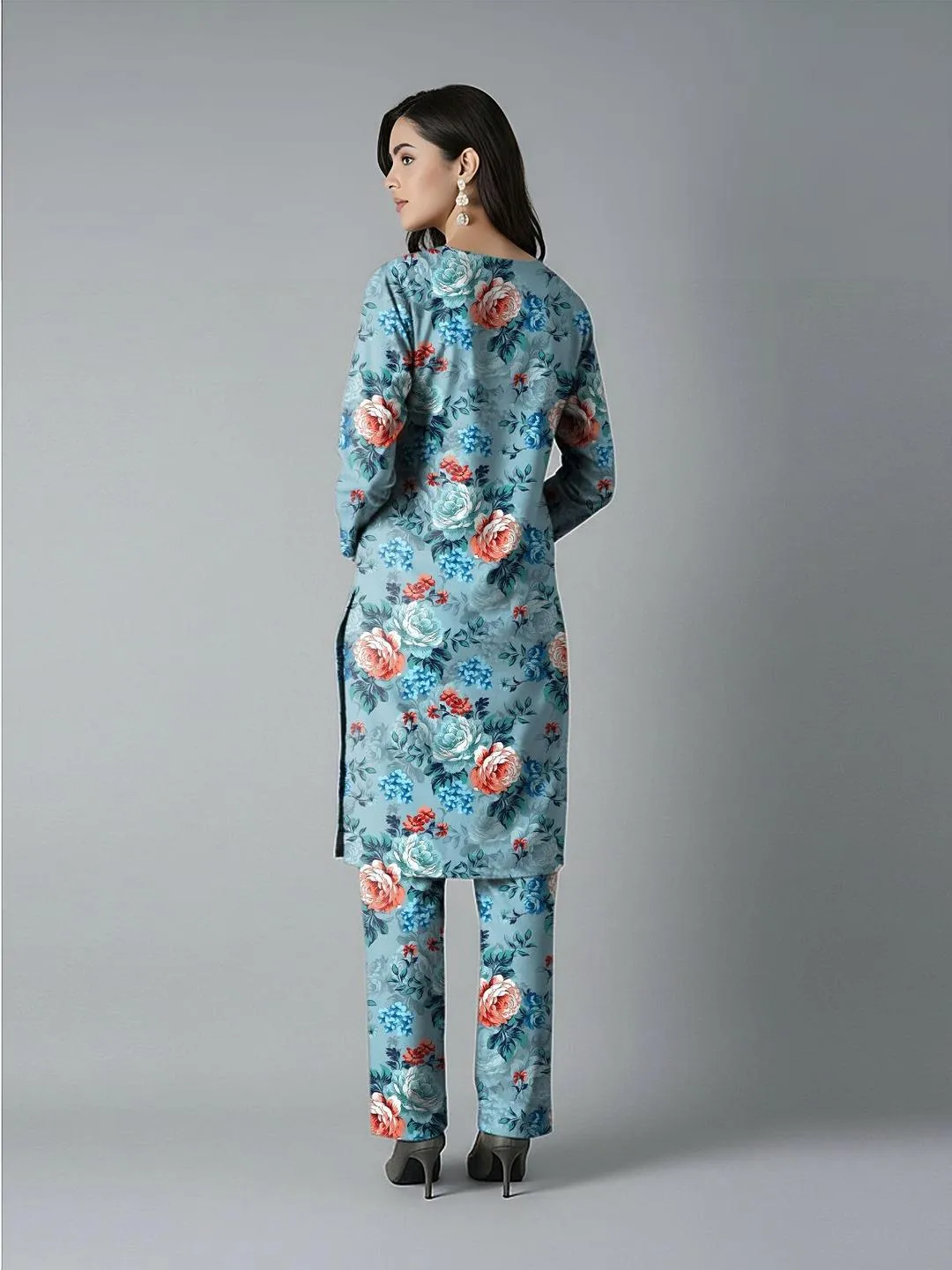 Unstitched Floral Printed Dobby Lawn Suit Blue