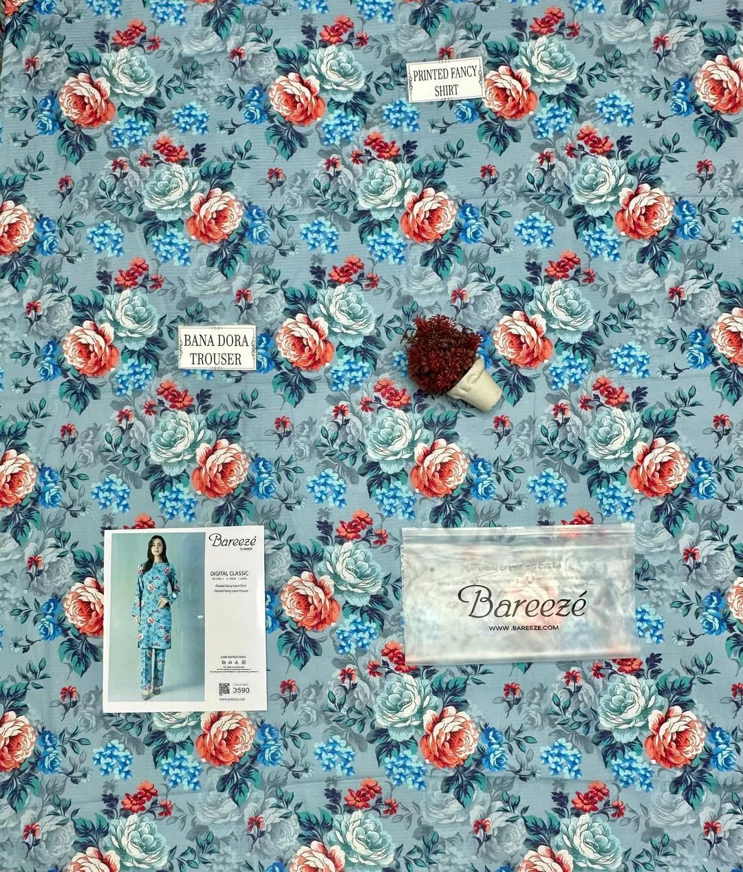 Unstitched Floral Printed Dobby Lawn Suit Blue