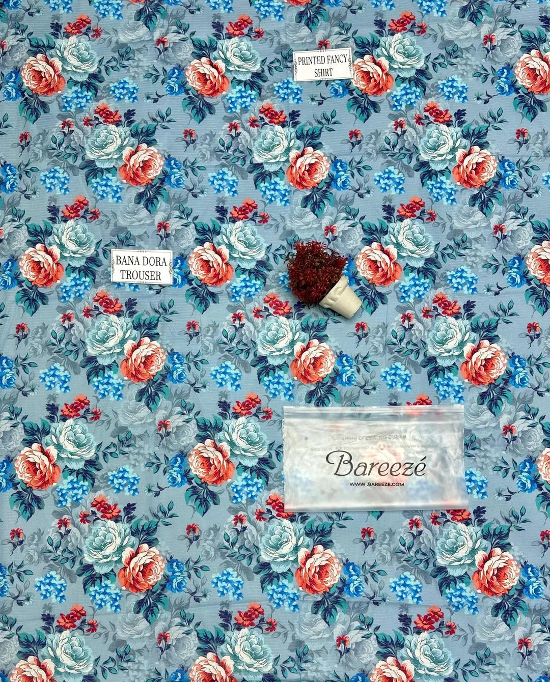 Unstitched Floral Printed Dobby Lawn Suit Blue