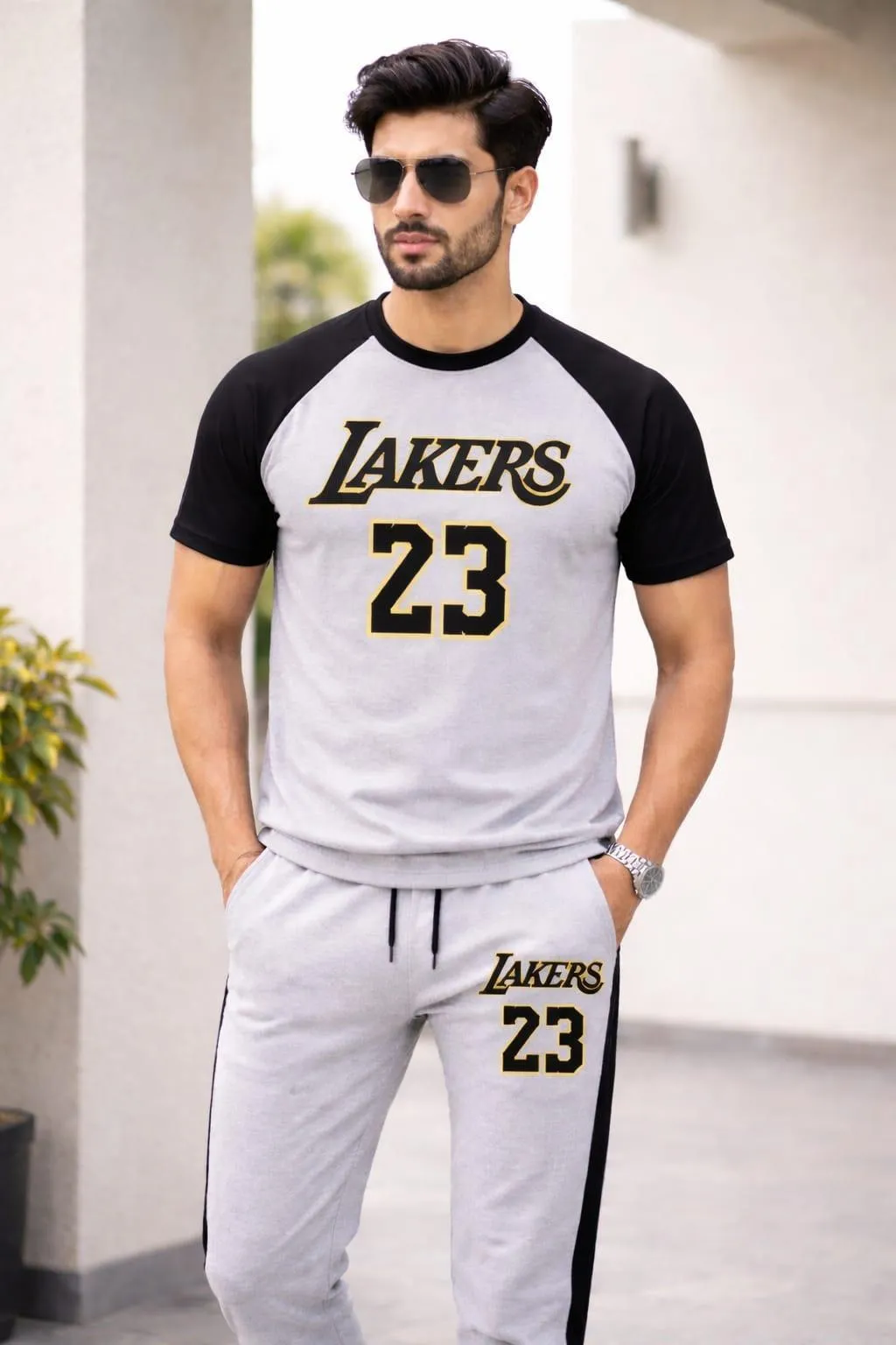 Men's Lakers 23 Printed Cotton Track Suit Grey Black