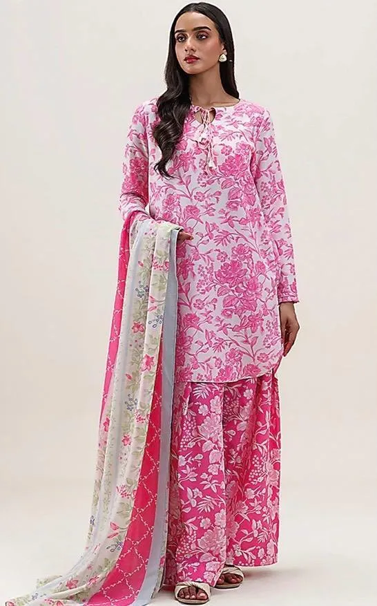 Pink Floral 3-Piece Dobby Lawn Suit for Women