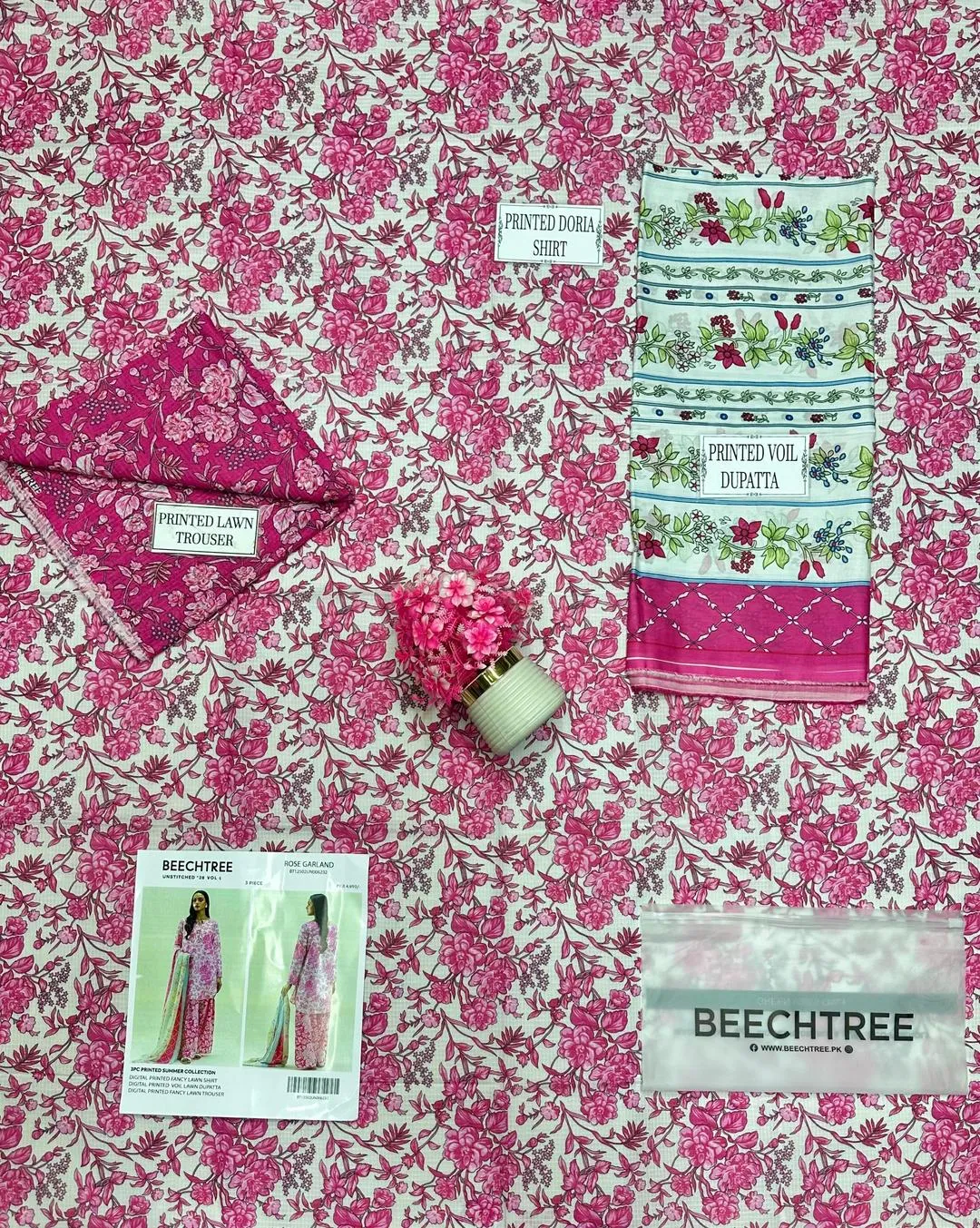 Pink Floral 3-Piece Dobby Lawn Suit for Women