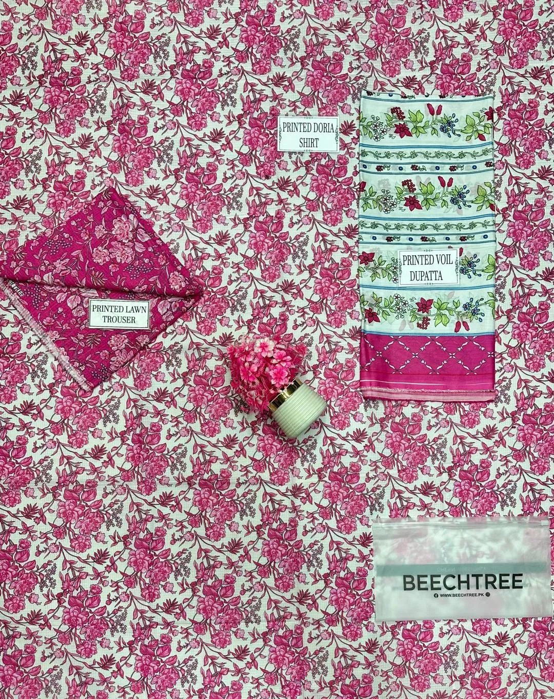 Pink Floral 3-Piece Dobby Lawn Suit for Women