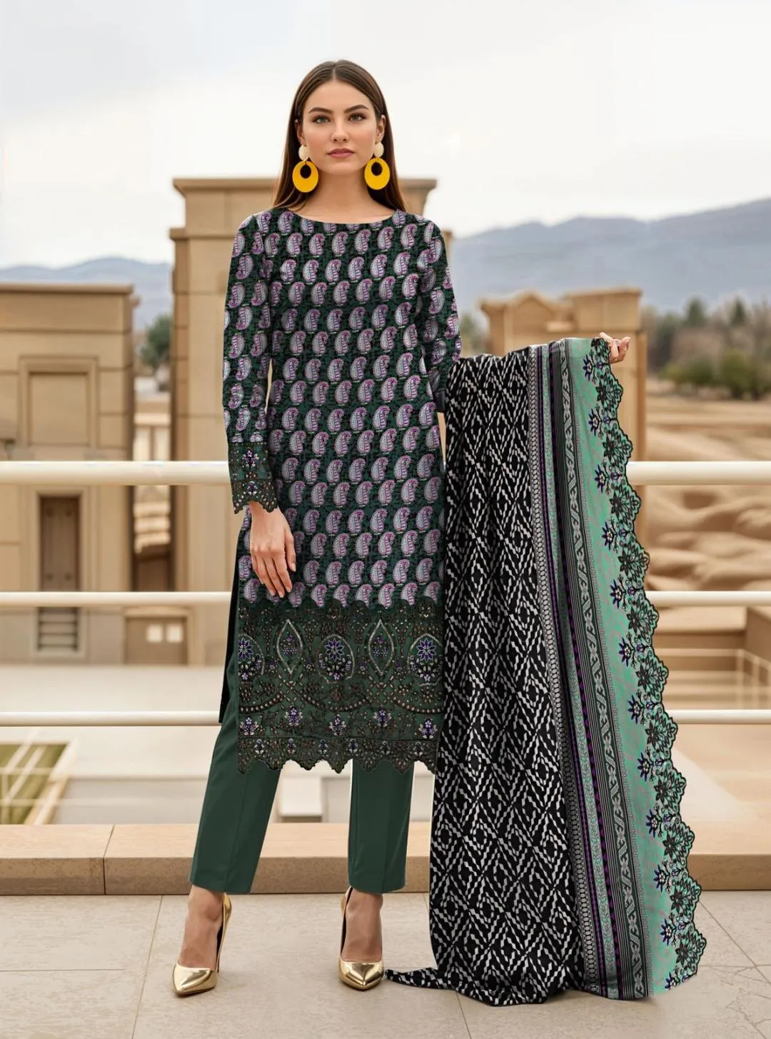 Unstitched Printed Suit Green Purple Paisley Lawn 3-Piece Set