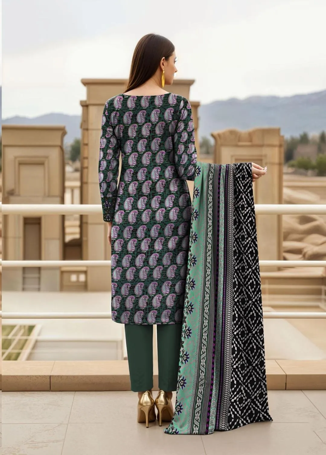 Unstitched Printed Suit Green Purple Paisley Lawn 3-Piece Set