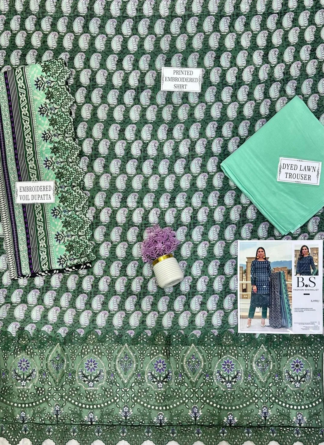 Unstitched Printed Suit Green Purple Paisley Lawn 3-Piece Set
