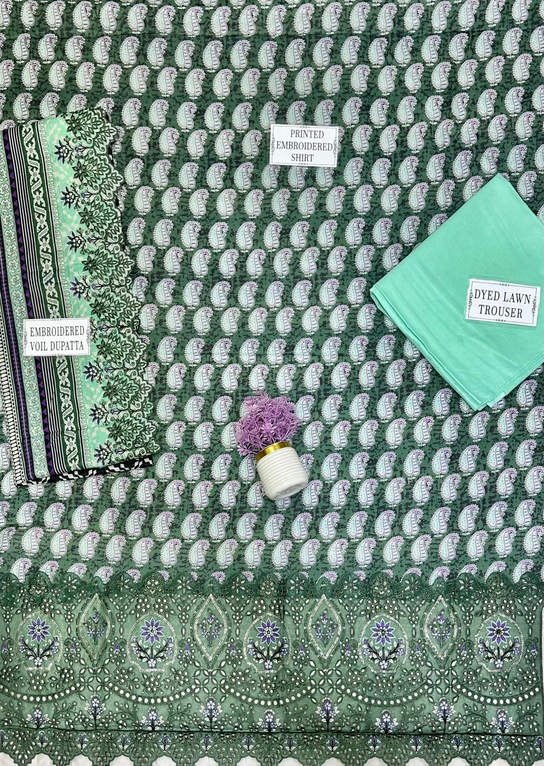 Unstitched Printed Suit Green Purple Paisley Lawn 3-Piece Set