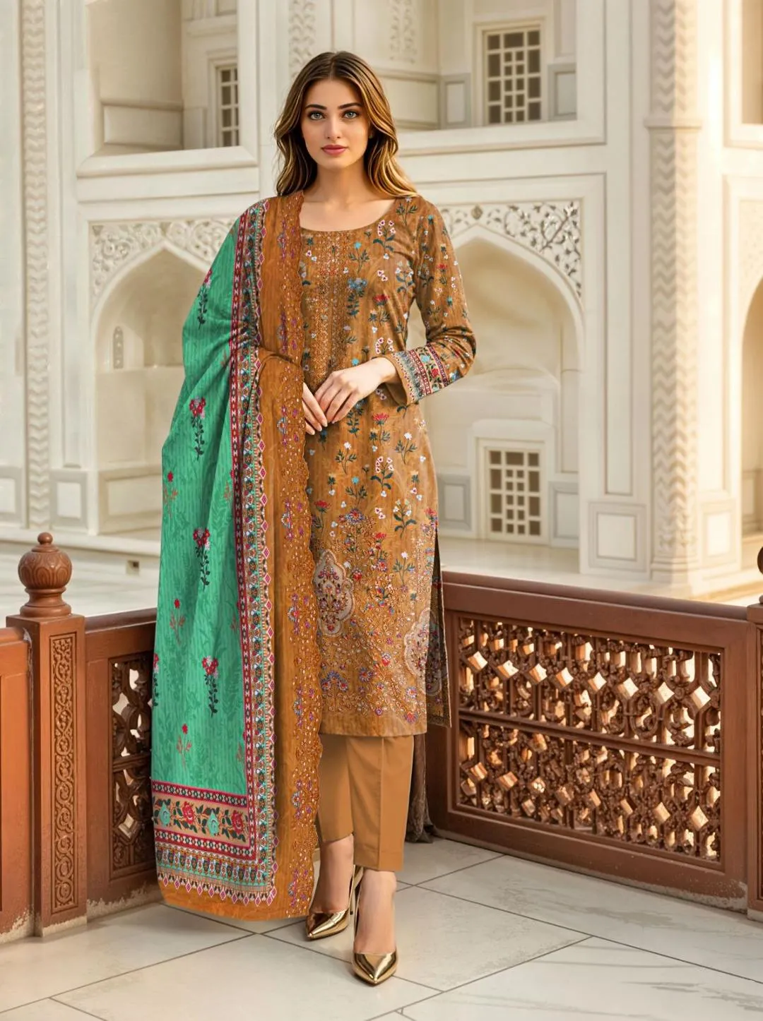 Golden Printed Lawn 3-Piece Suit with Green Dupatta