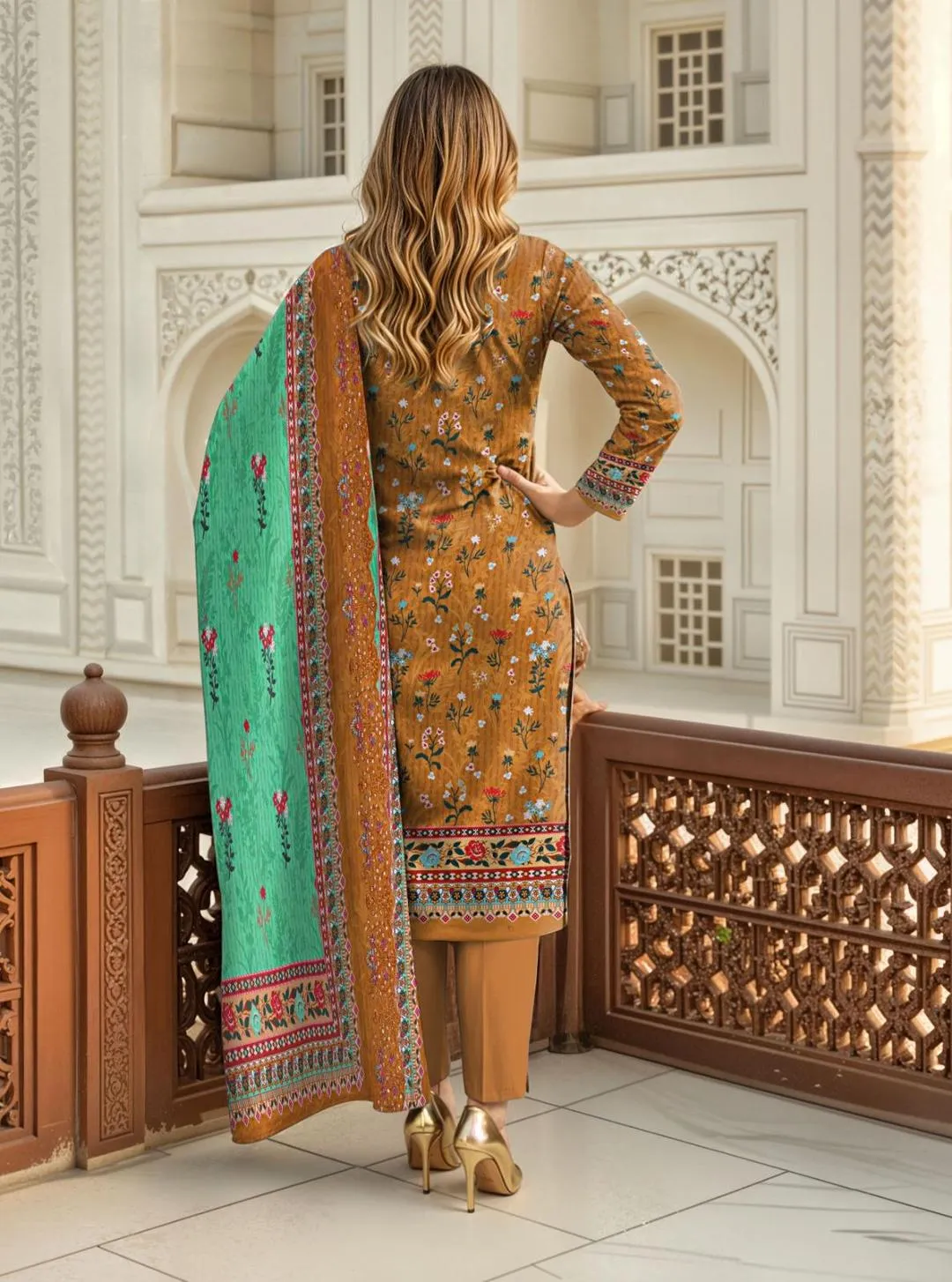Golden Printed Lawn 3-Piece Suit with Green Dupatta