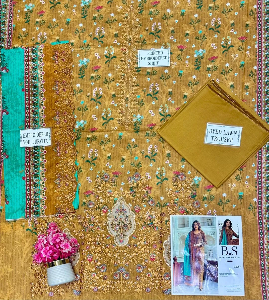 Golden Printed Lawn 3-Piece Suit with Green Dupatta