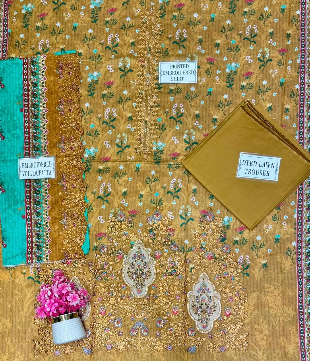 Golden Printed Lawn 3-Piece Suit with Green Dupatta