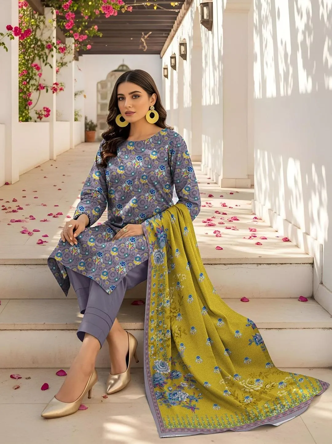 3-Piece Printed Lawn Suit Purple Yellow for Women