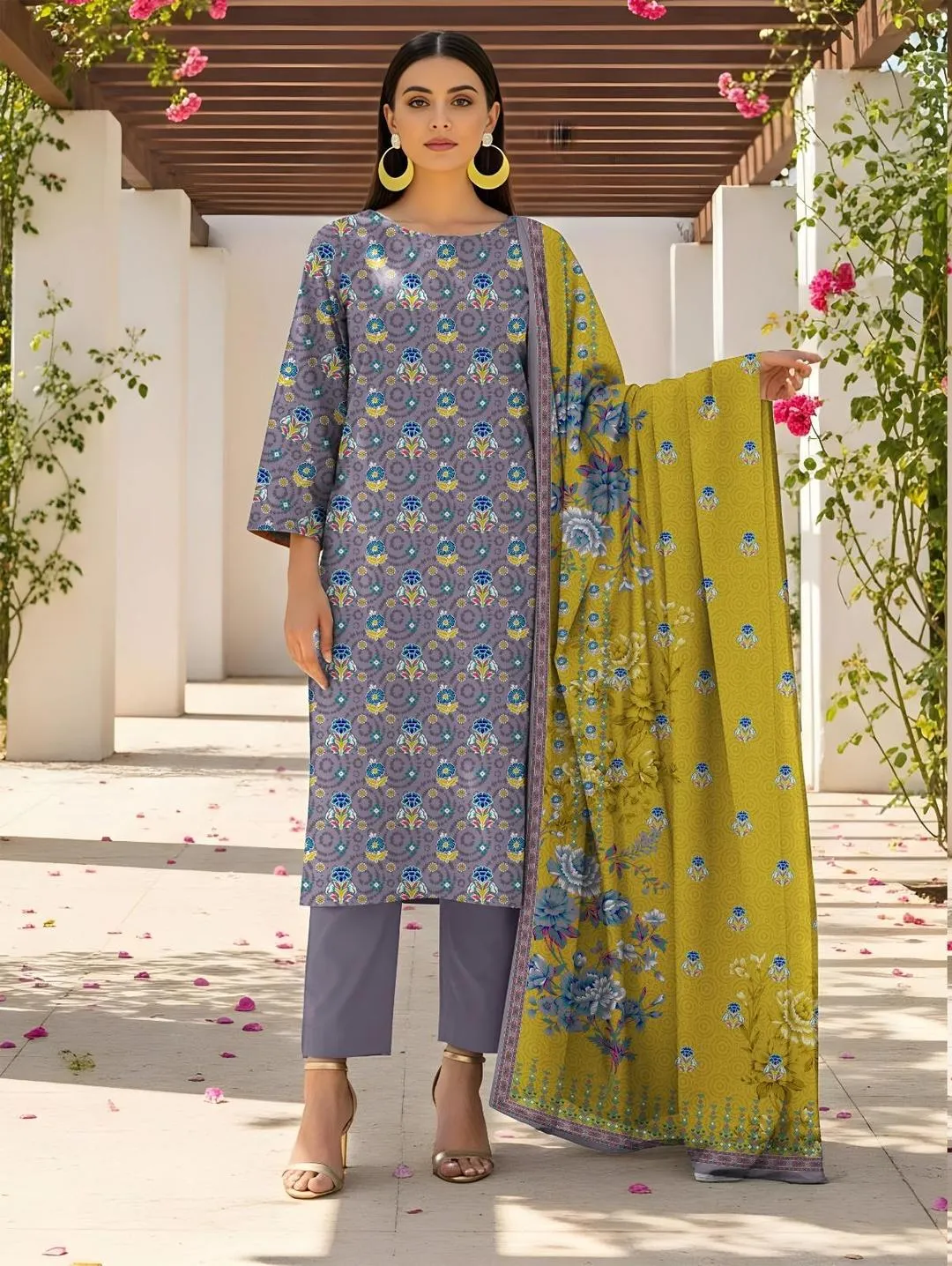 3-Piece Printed Lawn Suit Purple Yellow for Women