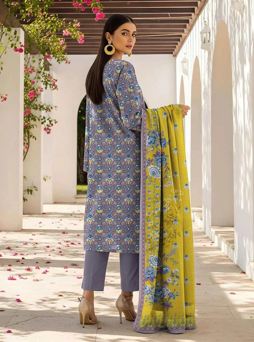 3-Piece Printed Lawn Suit Purple Yellow for Women