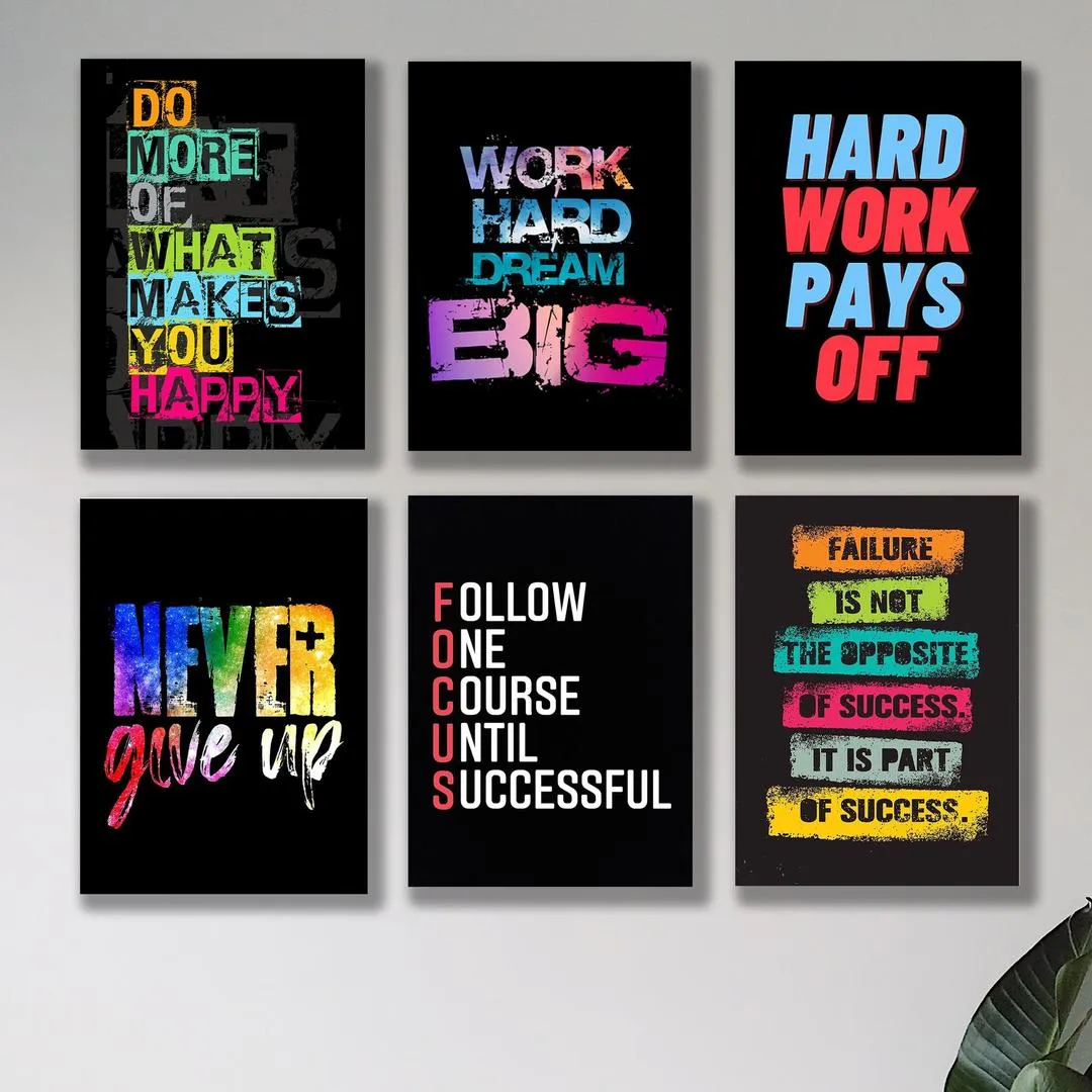 Motivational Wall Art Set of 6 MDF Tiles Black Background