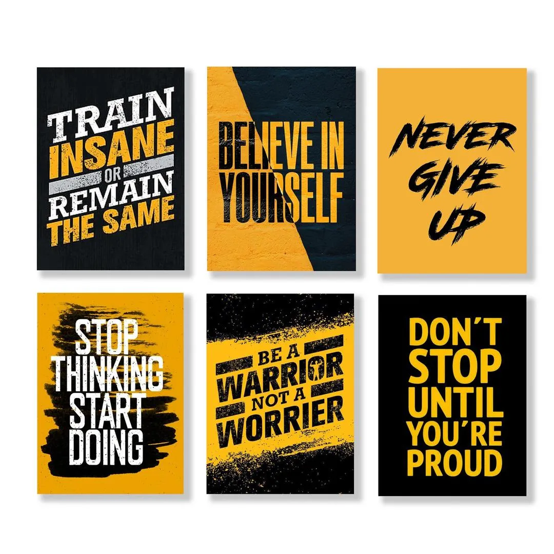 Motivational Wall Art Set 6 Pcs Black Yellow MDF