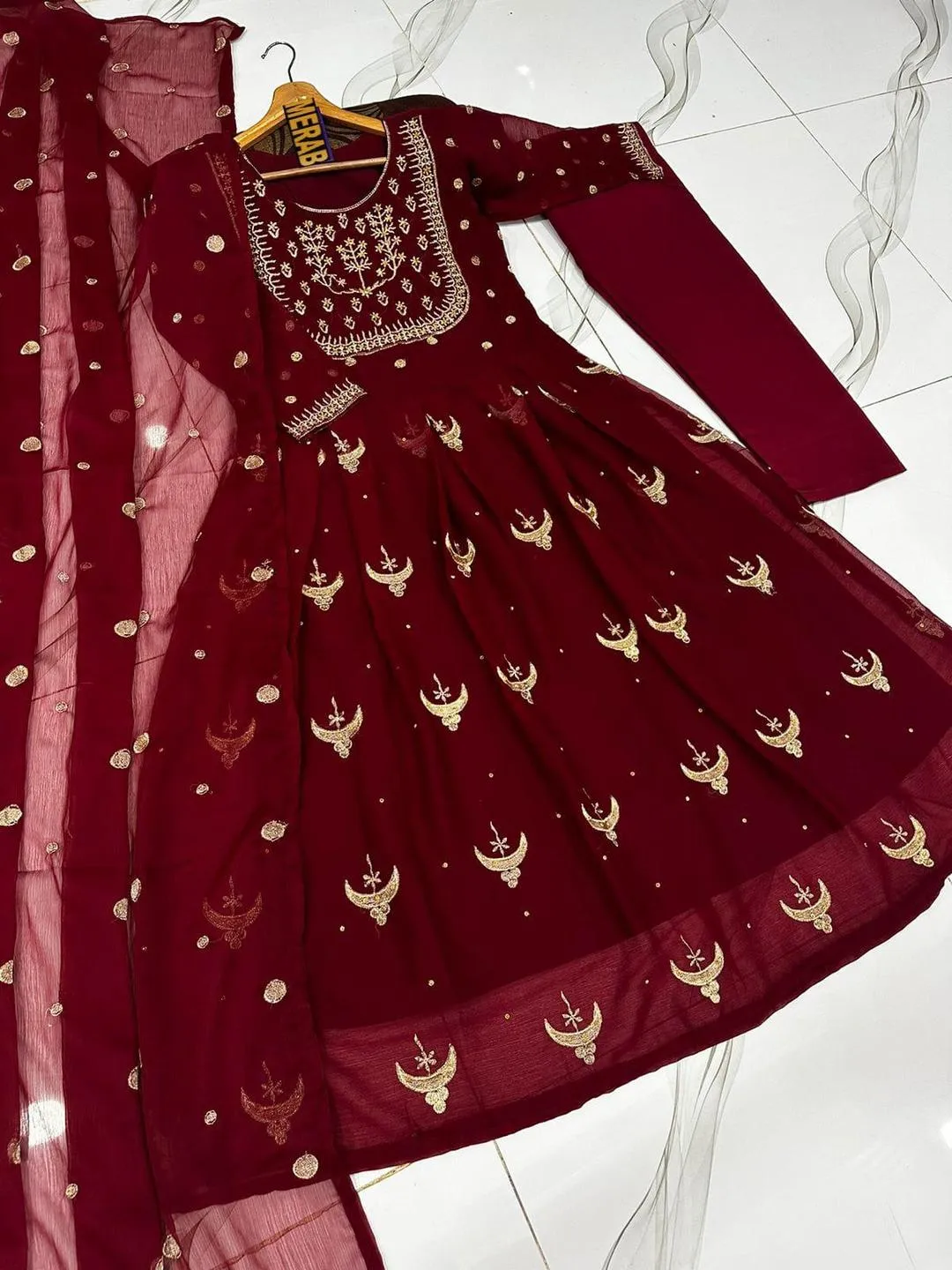 Maroon Chiffon Embroidered Maxi Suit for Eid Wedding