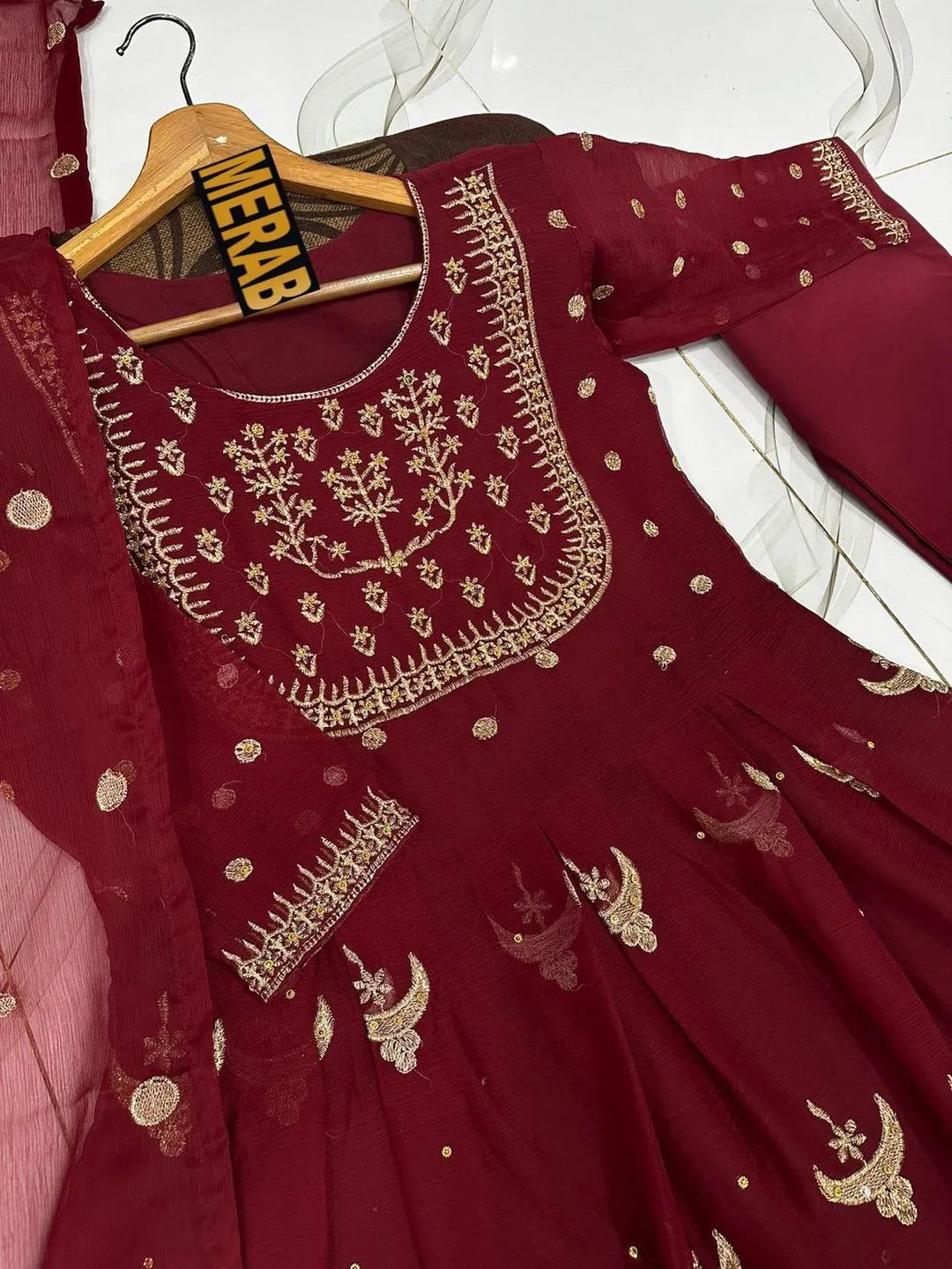 Maroon Chiffon Embroidered Maxi Suit for Eid Wedding