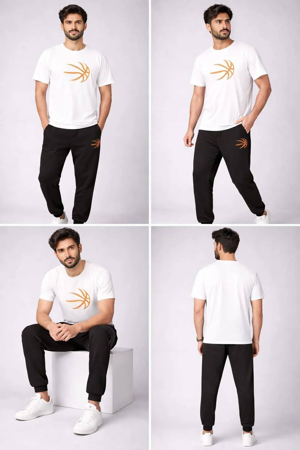 Men Basketball Printed T-Shirt & Jogger Set White Black Cotton Summer Sale