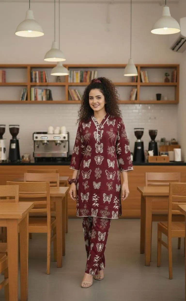 Maroon Printed Kurta Pajama Set for Women