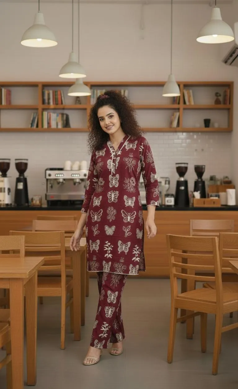Maroon Printed Kurta Pajama Set for Women
