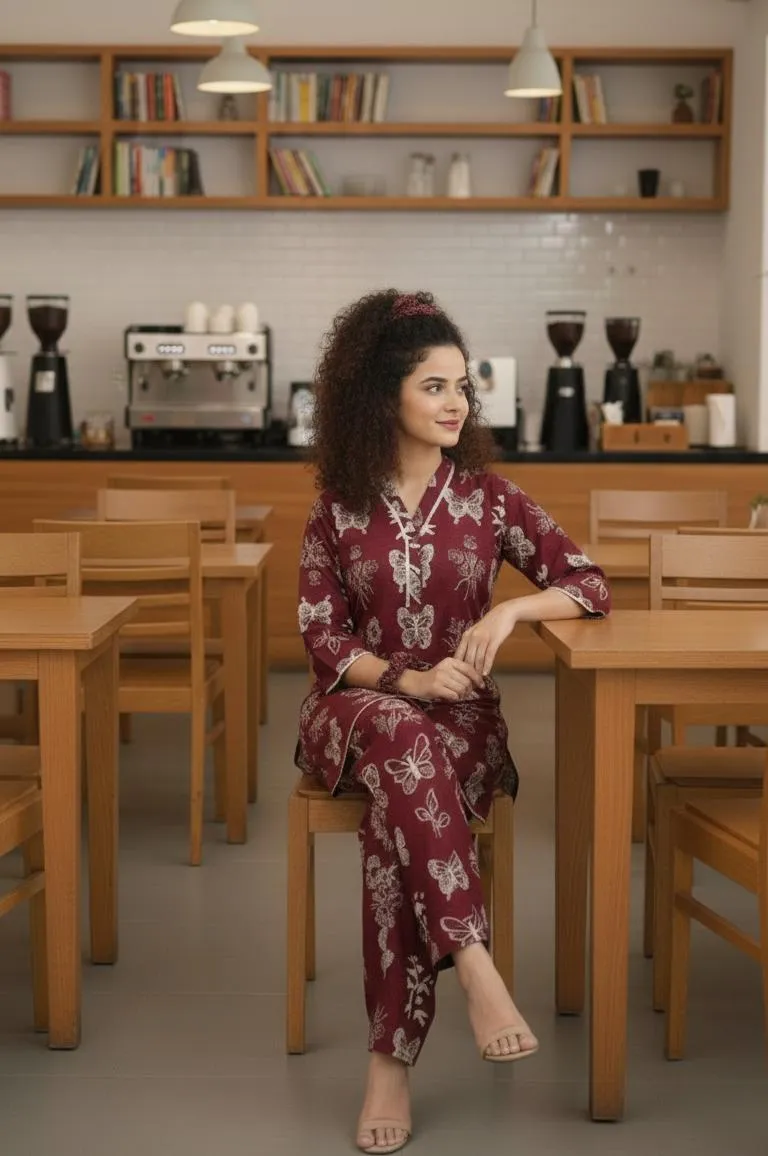 Maroon Printed Kurta Pajama Set for Women