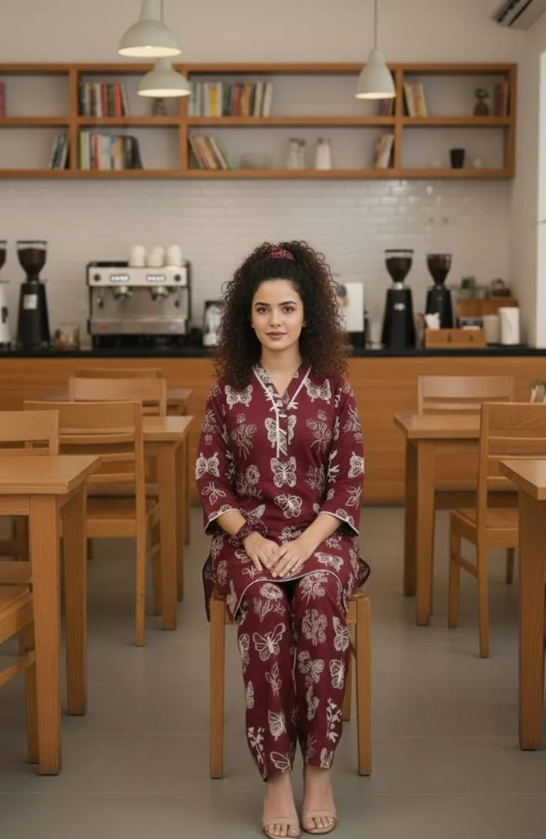 Maroon Printed Kurta Pajama Set for Women