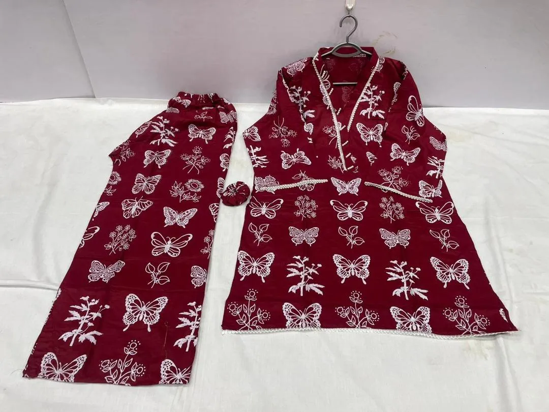 Maroon Printed Kurta Pajama Set for Women